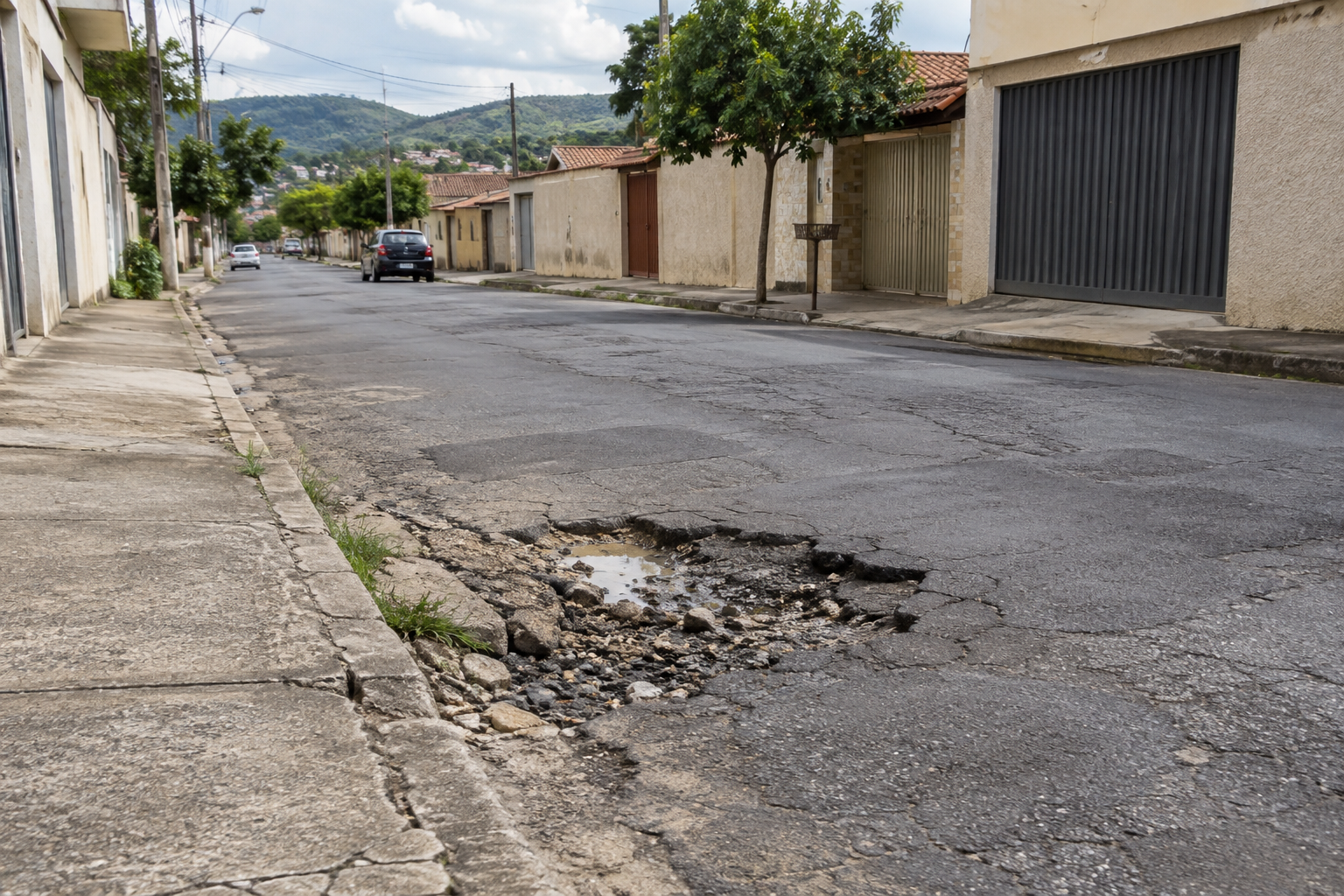 Buraco no asfalto próximo ao meio-fio de uma rua residencial em uma cidade de Minas Gerais.