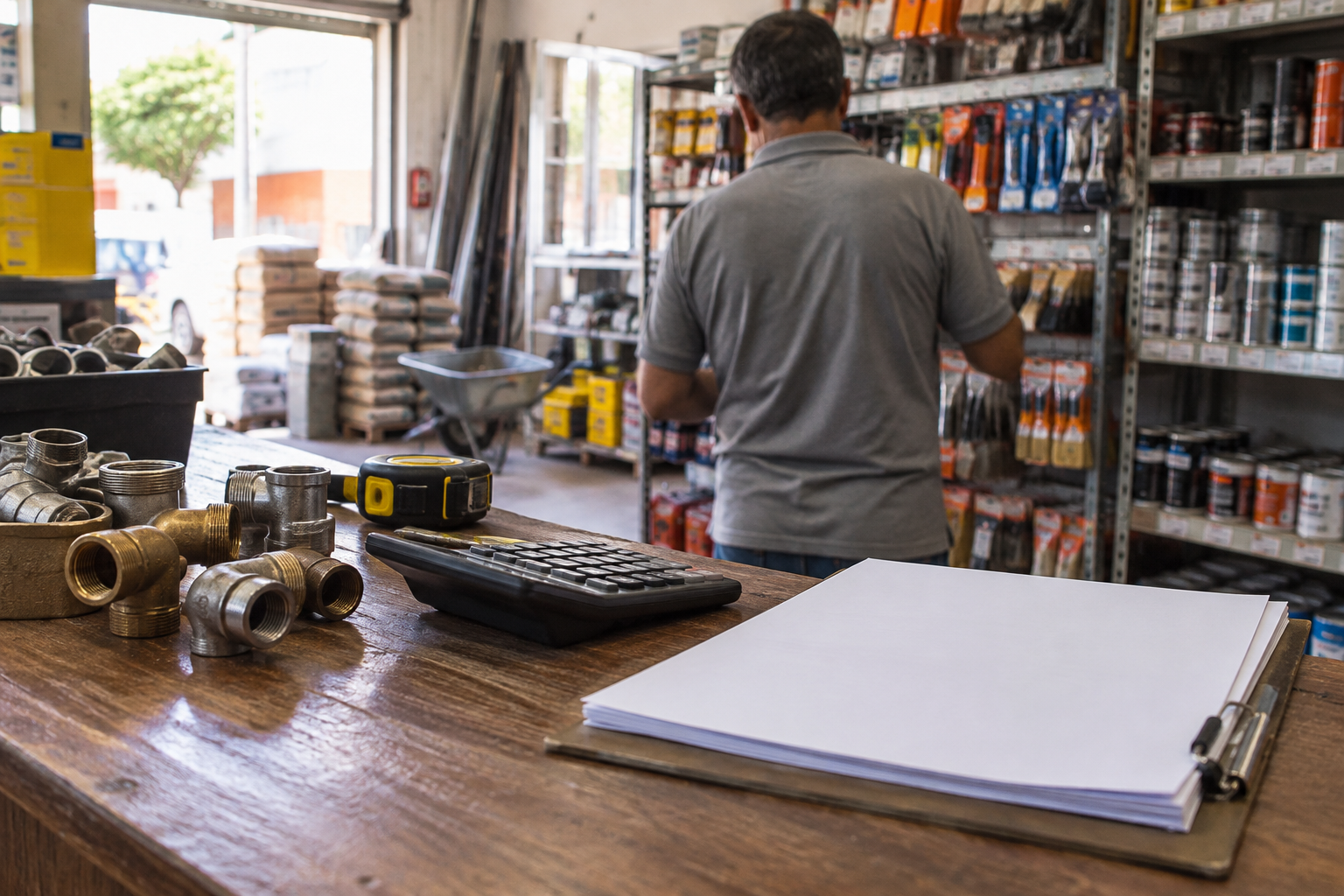 Balcão de loja de materiais com peças metálicas, trena, calculadora e folhas para organizar orçamentos.