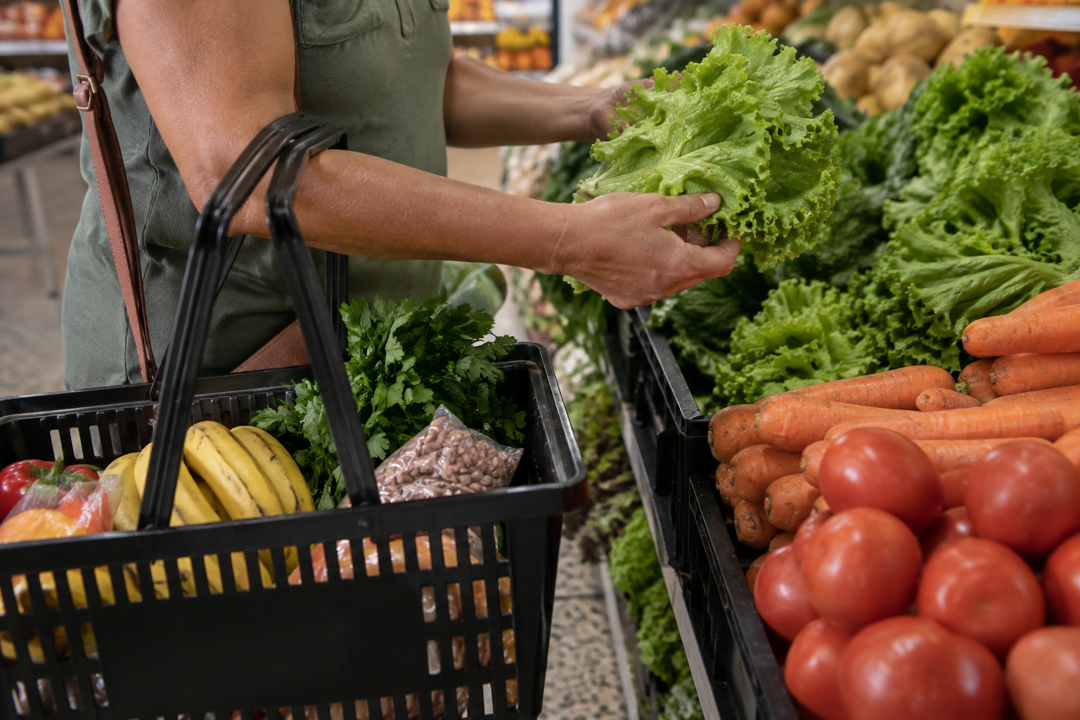 Mãos de uma pessoa escolhendo legumes ao lado de uma cesta de compras em um supermercado.