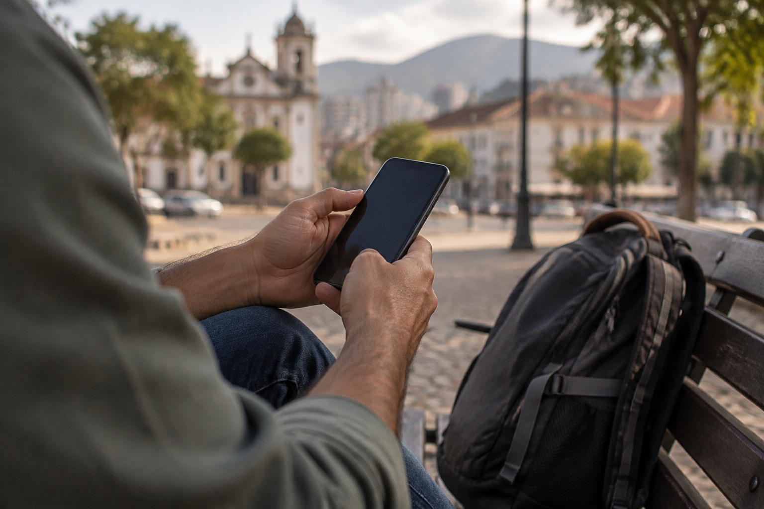 Mãos de uma pessoa segurando um celular ao lado de uma mochila, em um banco de área urbana de Minas Gerais.