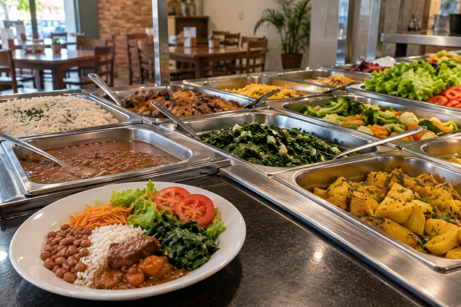 Buffet de restaurante por quilo com arroz, feijão, legumes, salada e carne, com prato de cerâmica em primeiro plano.
