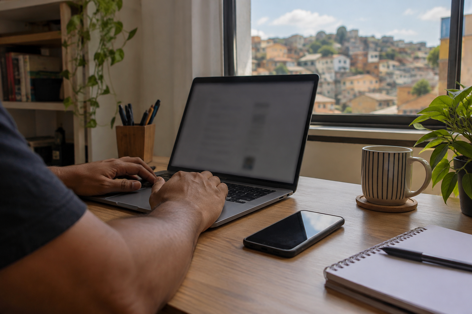 Mãos de uma pessoa usando notebook, com celular e papéis sobre a mesa em uma residência de Contagem.