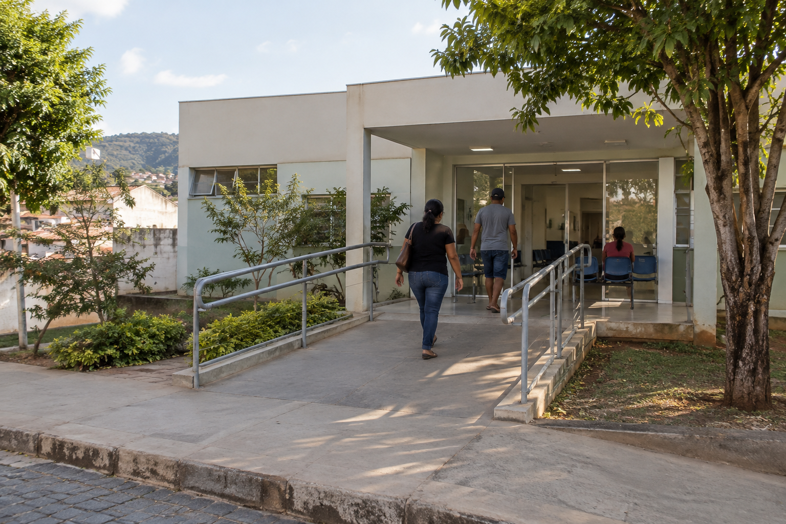 Entrada de uma unidade de saúde em cenário urbano mineiro, com rampa de acesso, árvores e pessoas vistas de costas.