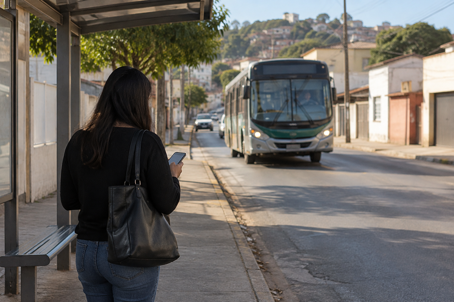 Pessoa vista de costas consulta o celular em um ponto enquanto um ônibus se aproxima em uma rua urbana de Minas Gerais.